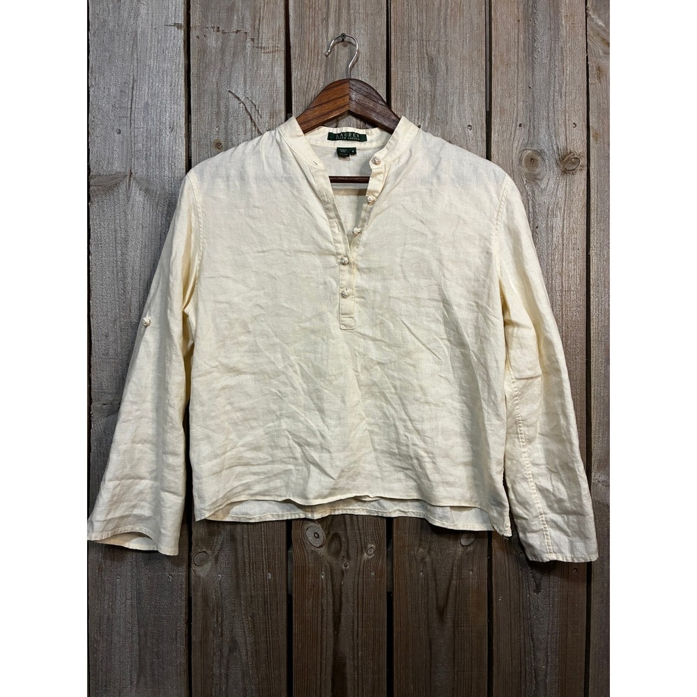 Lauren Ralph Lauren Women Cream 100% Linen Roll Tab Sleeve Blouse Medium